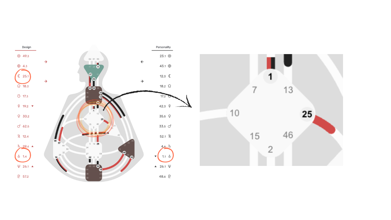 Human Design G-senter med portene 1 og 25 aktivert – symbol på kreativitet, kjærlighet og overflod