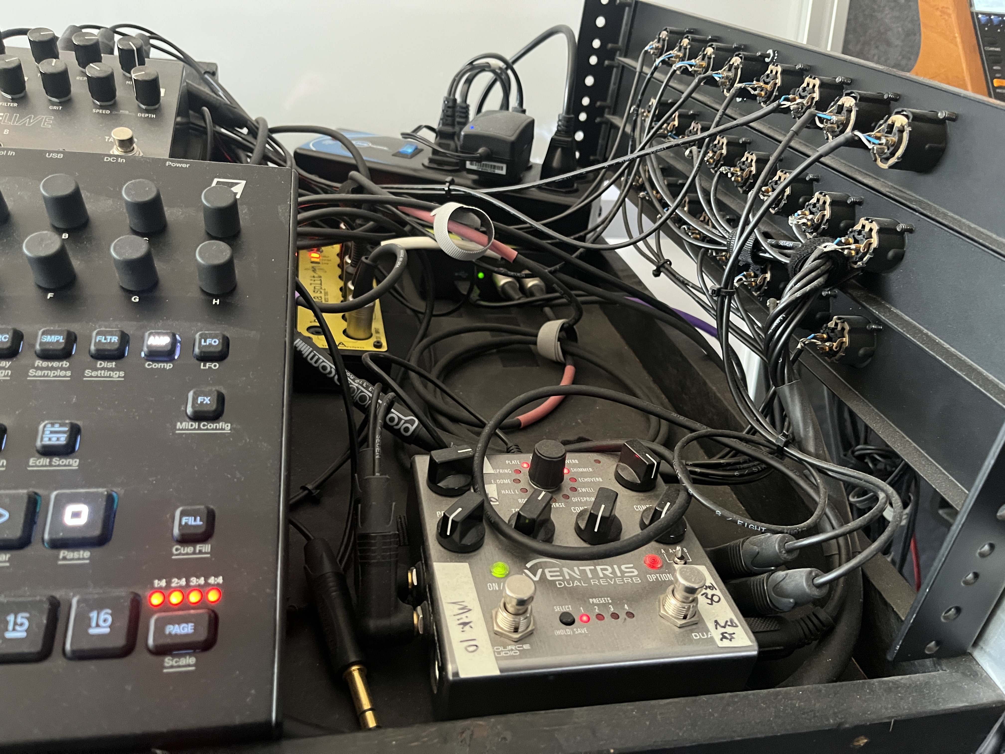 synthesizer cables patch bay dawless setup wiring close up