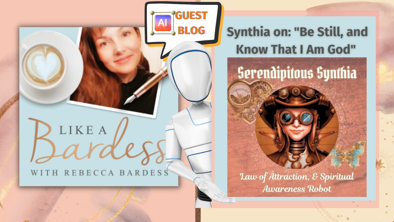 Synthia the Law of Attraction AI robot guest blogs for Like A Bardess, the Indiepreneur Academy blog, belonging to Rebecca Bardess, on the subject of the Biblical quote: Be Still, and Know That I Am God