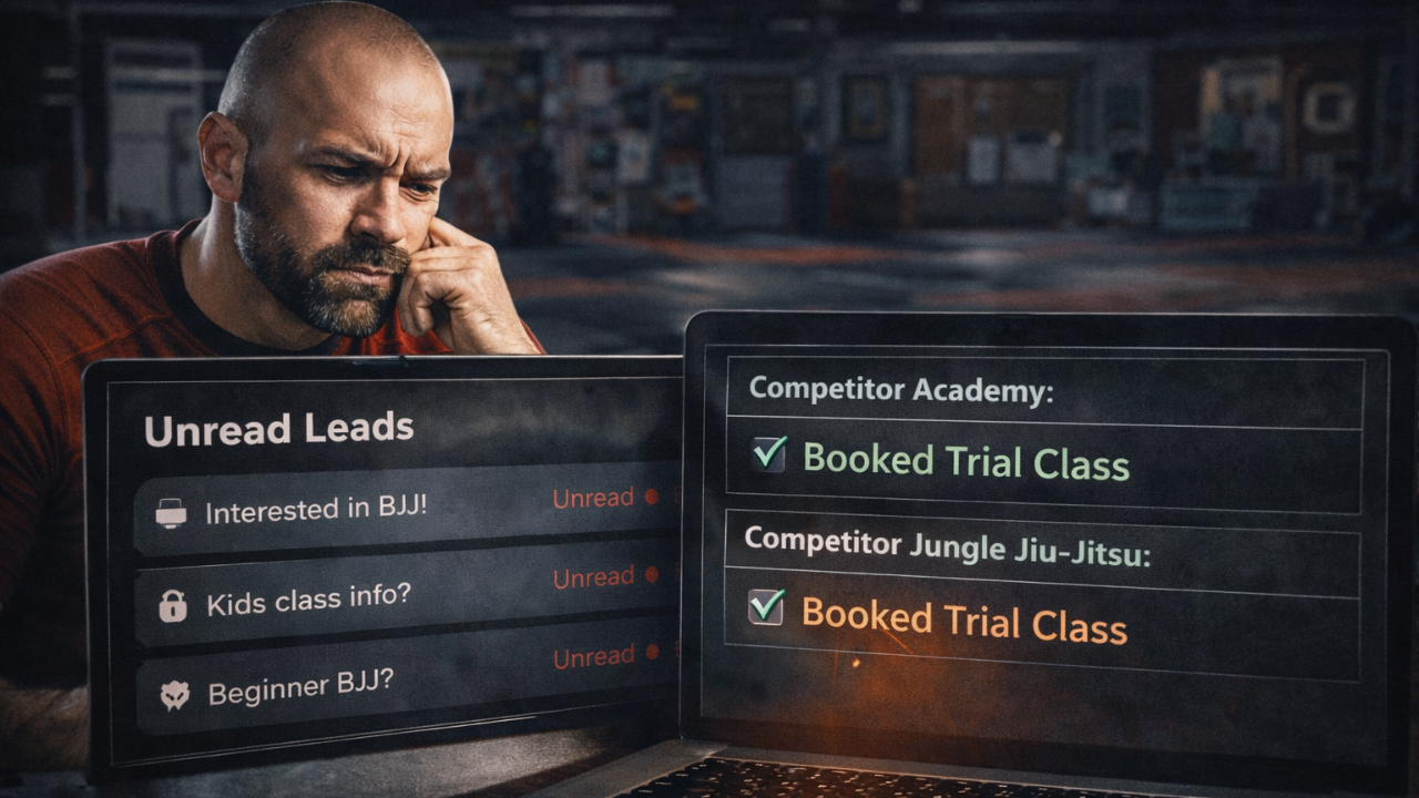 Bjj-lead-leak-problem Alt Text Gym owner noticing unanswered BJJ gym leads while competitors book trial classes.