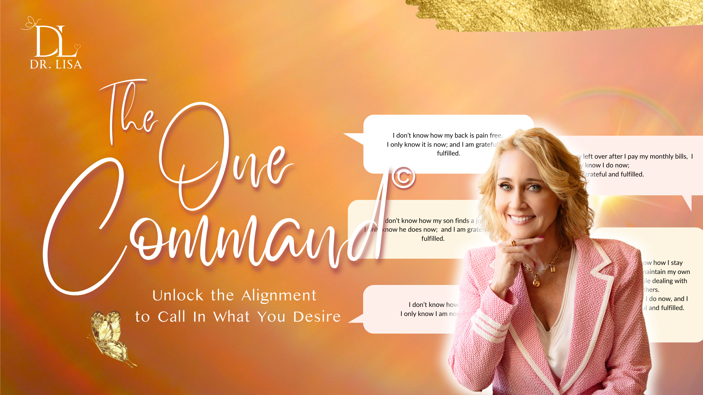 Dr. Lisa with affirmations promoting “The One Command” on a warm golden background.