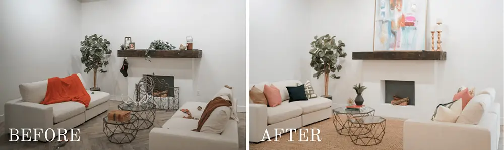 before and after of a living room staged during the Staging Studio Master Class