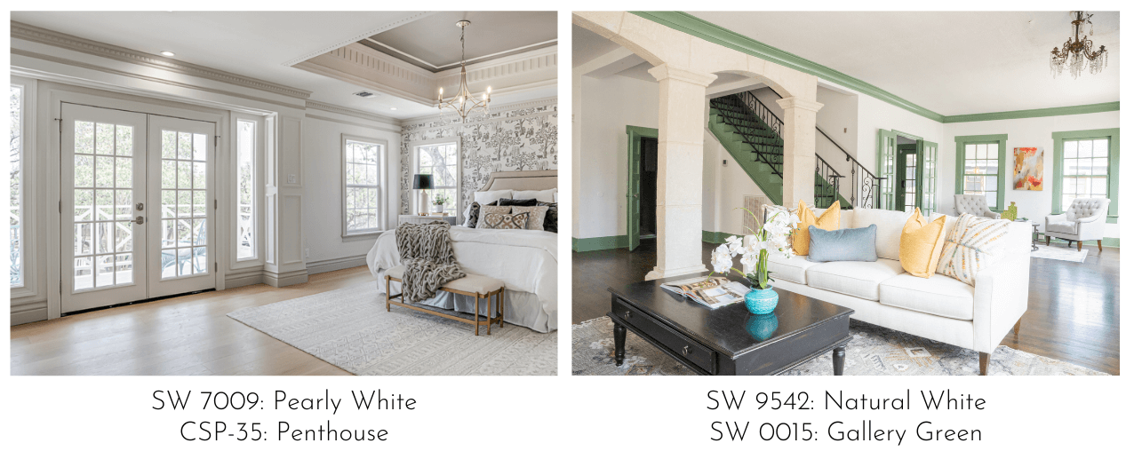 Examples of different painted trim, one a neutral color and one a green color.