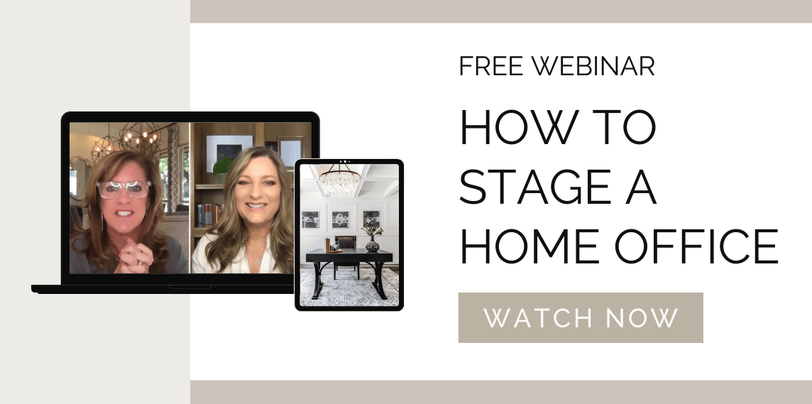 free webinar: how to stage a home office, watch now, mockup of a computer monitor displaying two middle aged white woman giving a zoom webinar