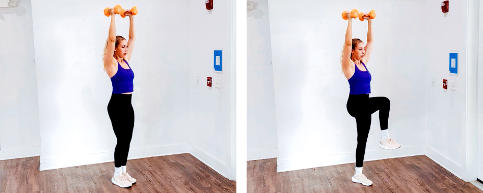 Dumbbell overhead march exercise for core