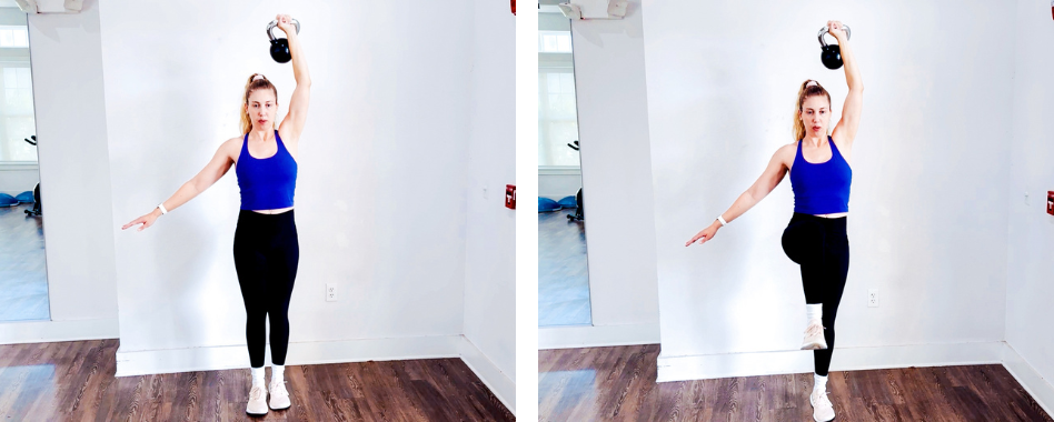 Single arm kettlebell overhead march exercise for core