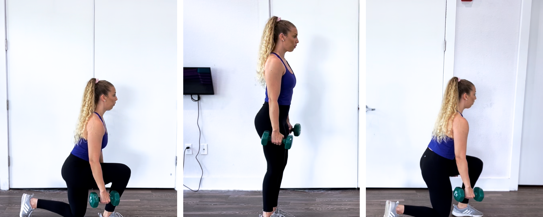 Dumbbell walking lunge exercise for quads, glutes, and hamstrings