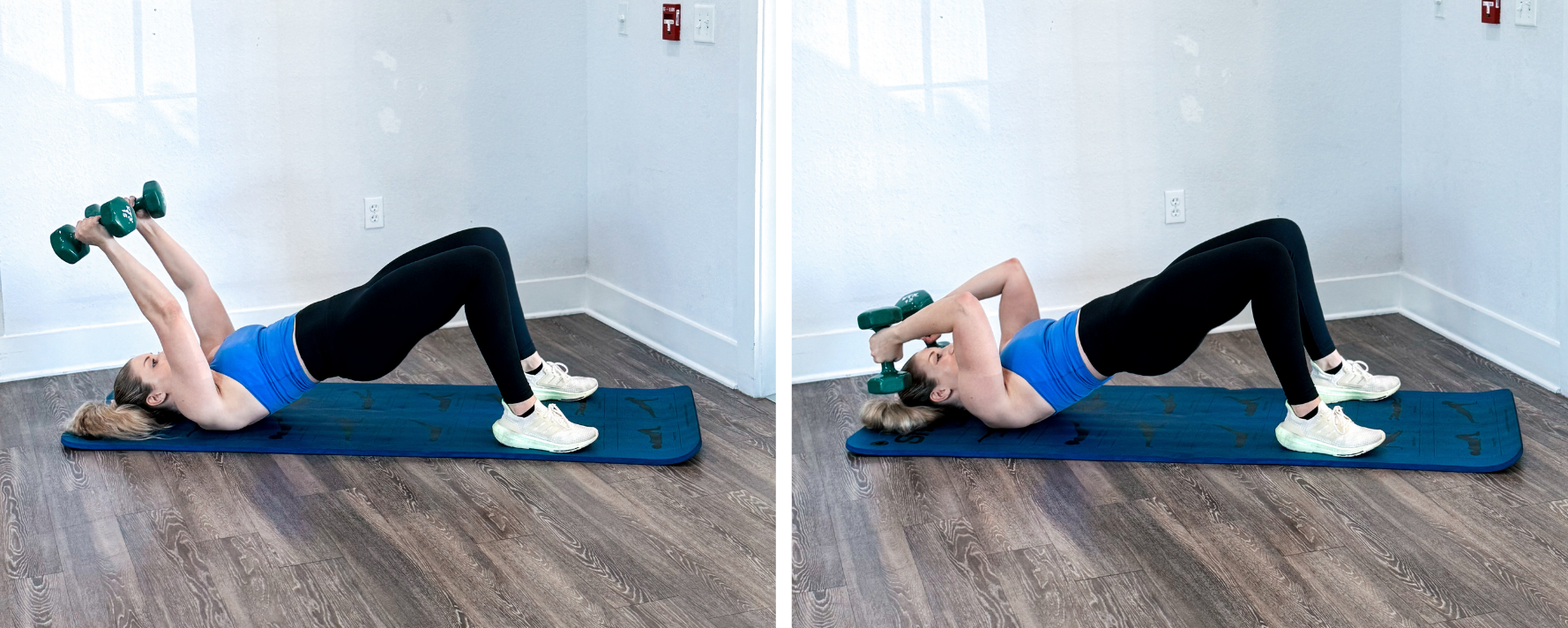 Skull crusher with glute bridge hold exercise for triceps, glutes, and abs