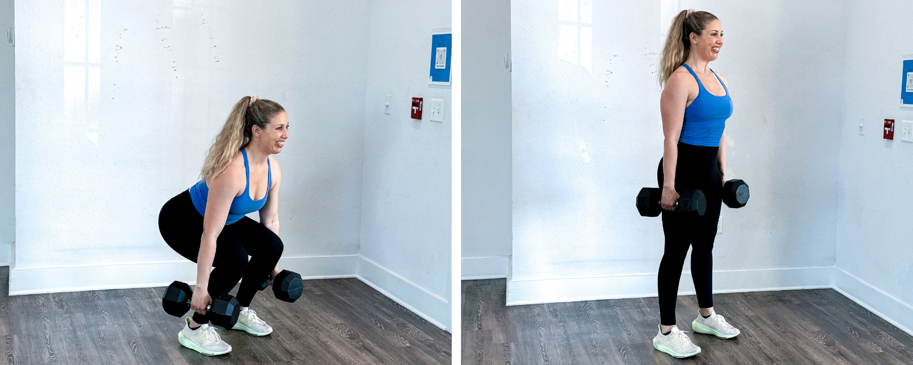 Dumbbell squat with 3 second negative exercise for quads, glutes, and hamstrings