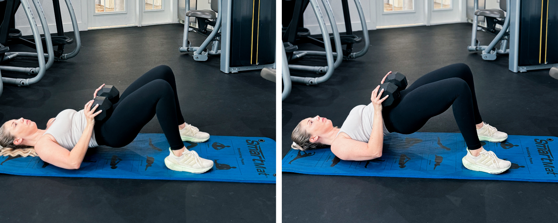 Dumbbell floor glute bridge exercise for glutes