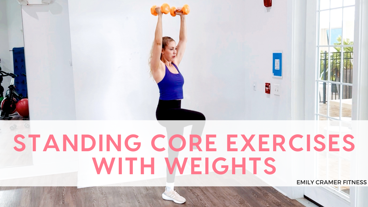 Personal trainer demonstrating dumbbell overhead march exercise in the gym