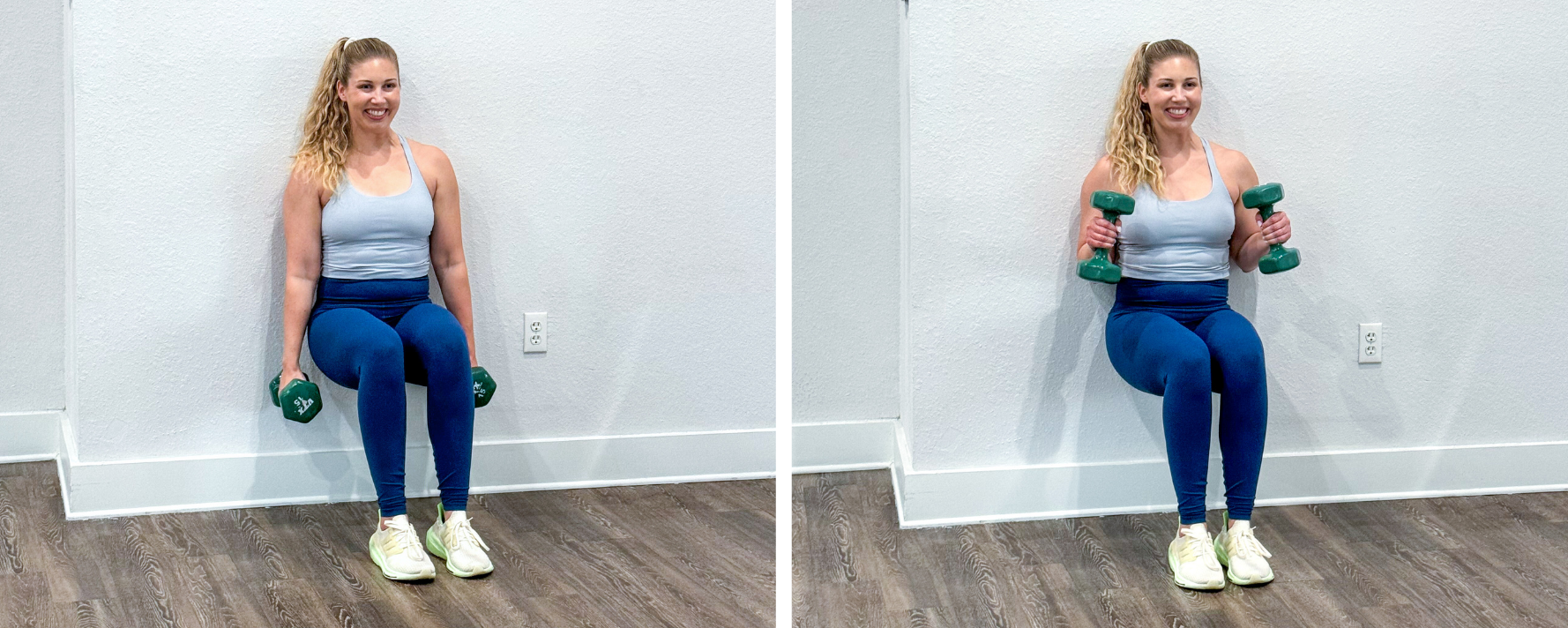 Wall sit with hammer curl exercise for quads and biceps