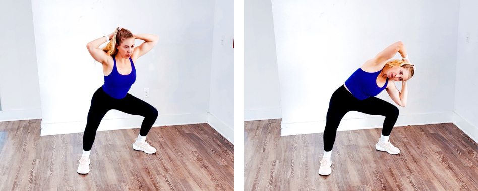 Standing sumo side crunch exercise for obliques