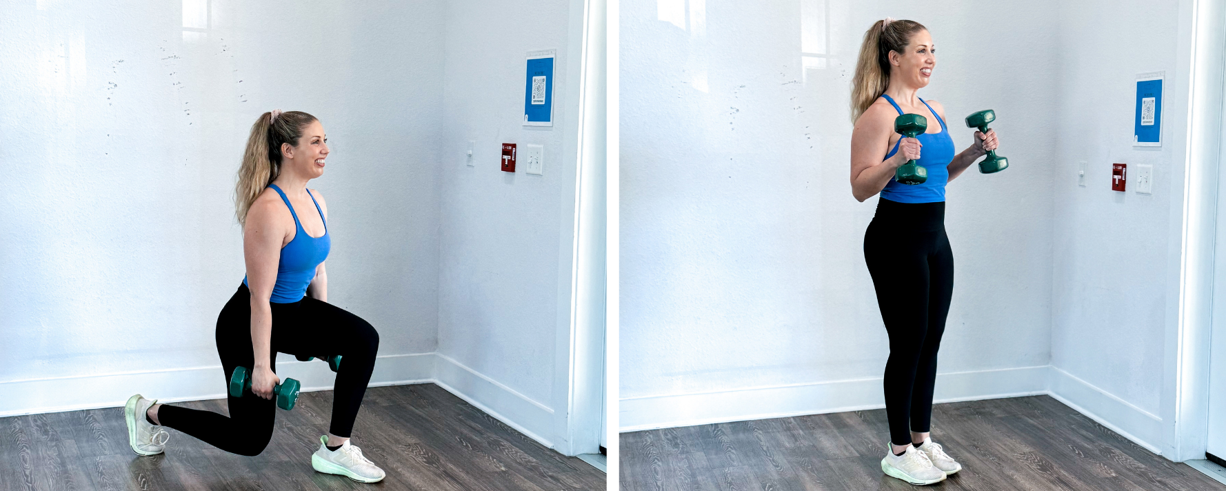 Alternating reverse lunge with hammer curl exercise for quads, glutes, hamstrings, and biceps