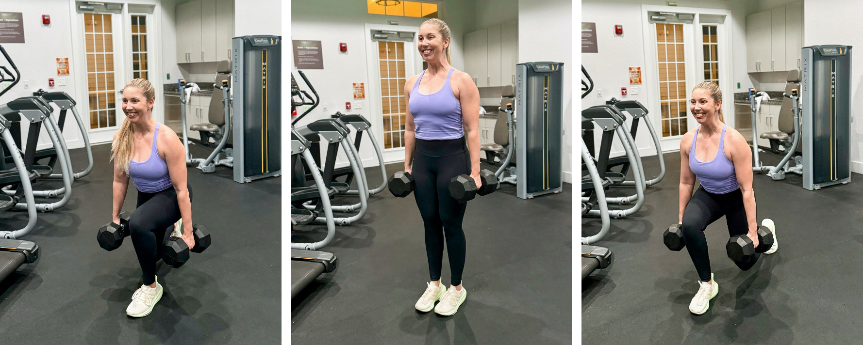 Dumbbell alternating reverse lunge exercise for quads, glutes, and hamstrings