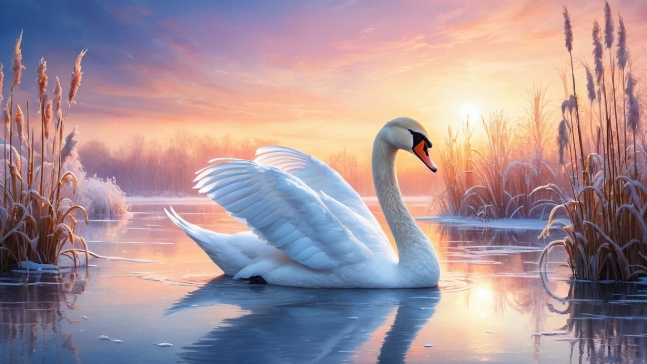 swan in frozen lake, sunset 