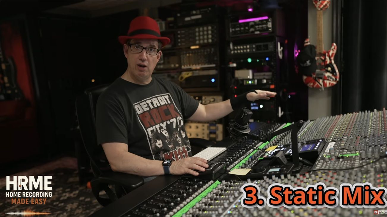 David at his mixing console with the on-screen heading 3. Static Mix.