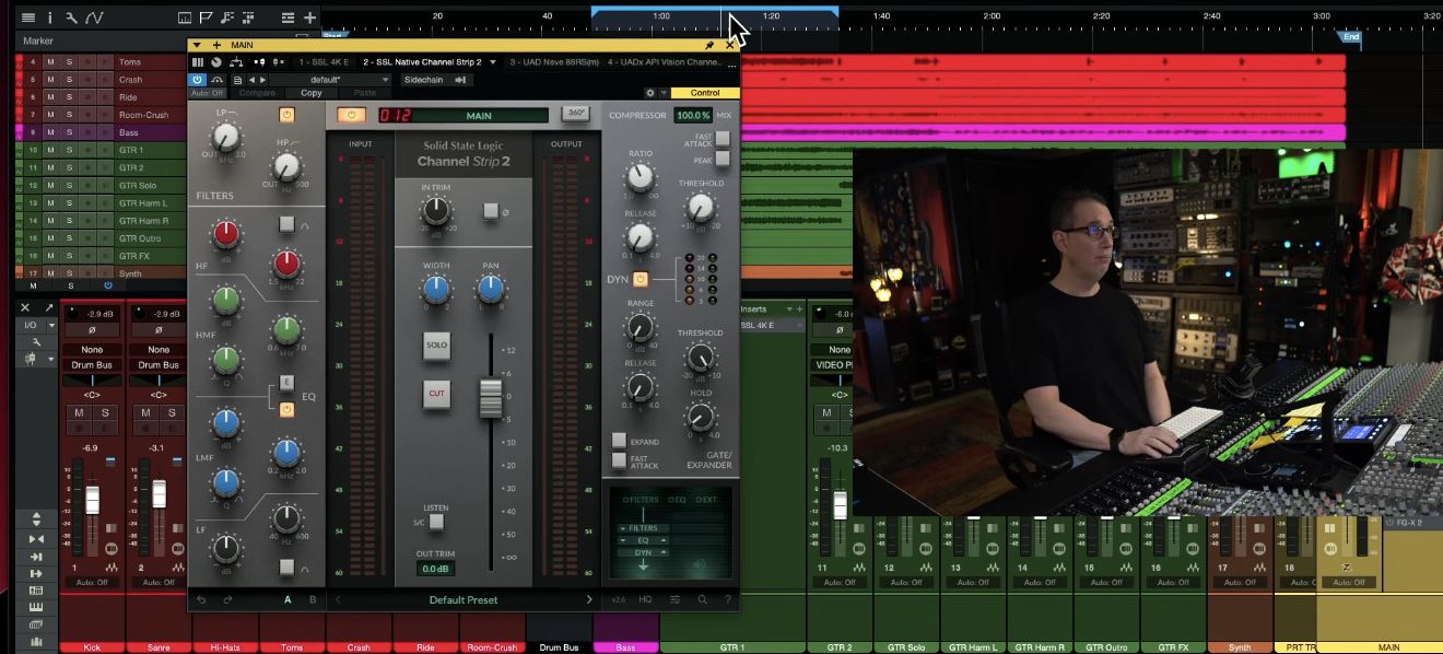 SSL Channel Strip 2 with EQ, dynamics, filters, and a central fader beside David.