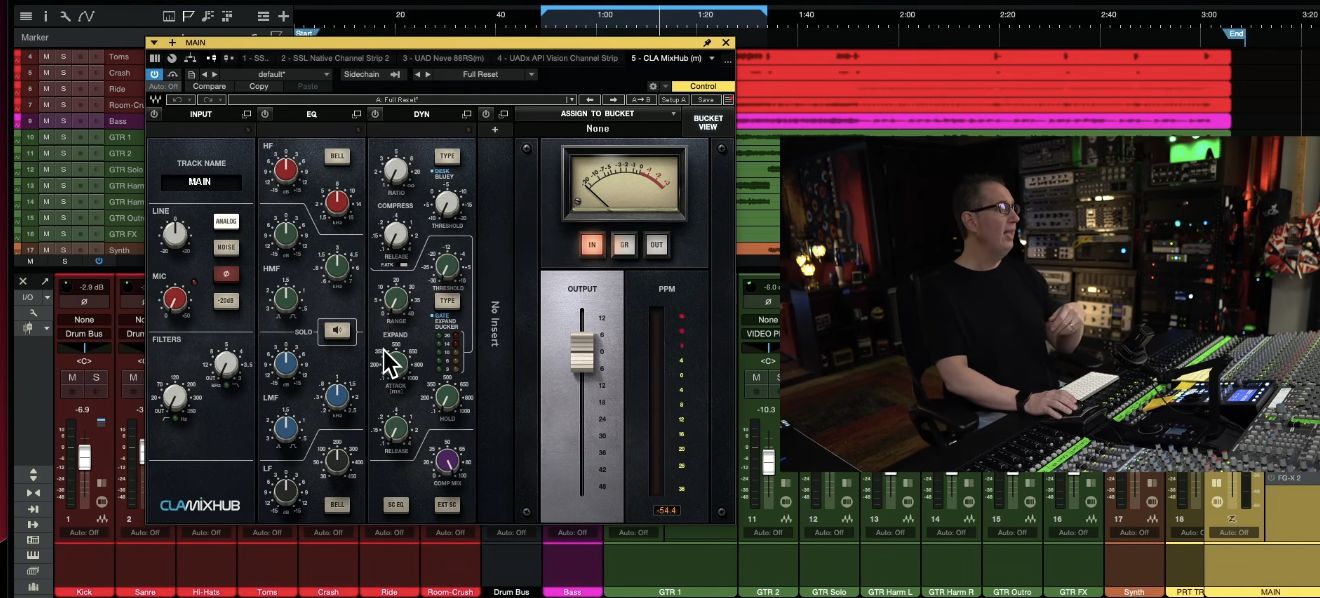 Waves CLA MixHub with input, EQ, dynamics, an empty insert slot, metering, and output controls.