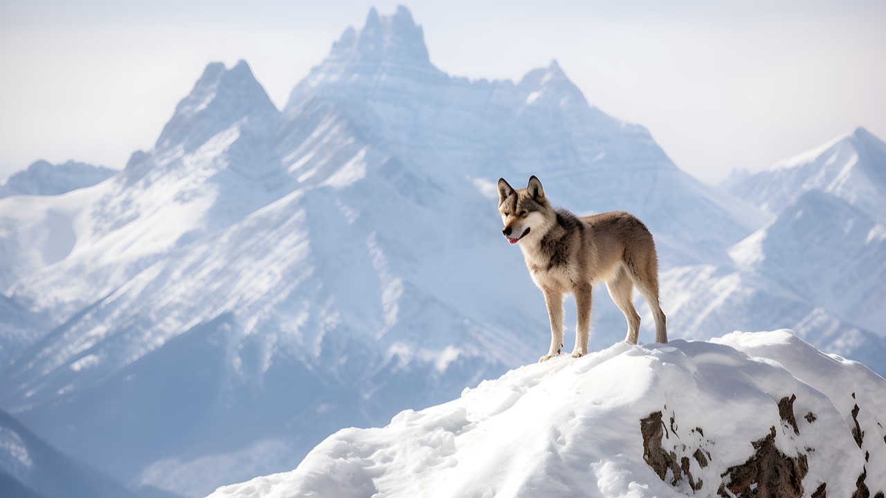 Wolf on an icy mountain top
