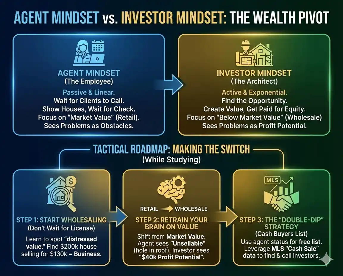 Infographic roadmap showing the 3 steps to transition from real estate agent salary to investor profits: Start Wholesaling, Retrain Value, and Build Cash Buyers List
