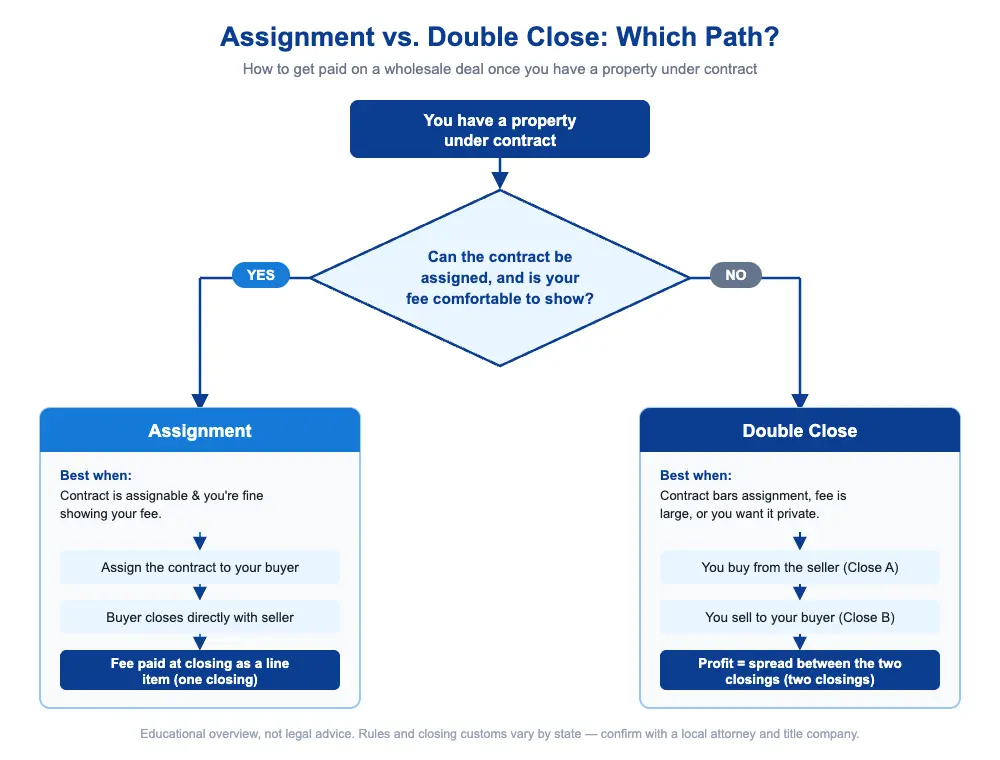 Flowchart comparing assignment vs. double close for a wholesale real estate contract: a decision point asks whether the contract can be assigned and the fee is comfortable to show; YES leads to assigning the contract and getting paid as a line item at one closing, NO leads to a double close with two closings where profit is the spread.