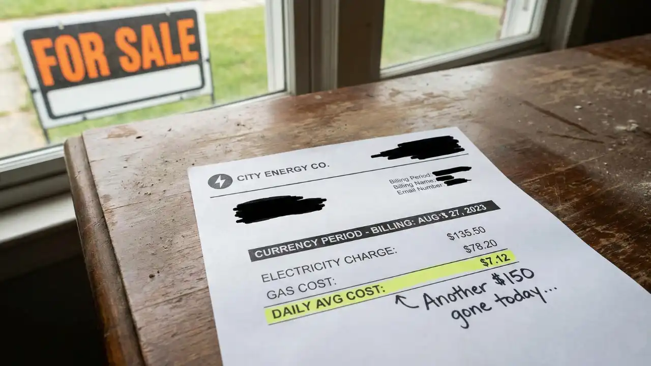 A photo of a redacted utility bill for a house flip project on a dusty table with a 'For Sale' sign visible. A handwritten note on the bill reads 'Another $150 gone today,' showing the reality of daily holding costs.