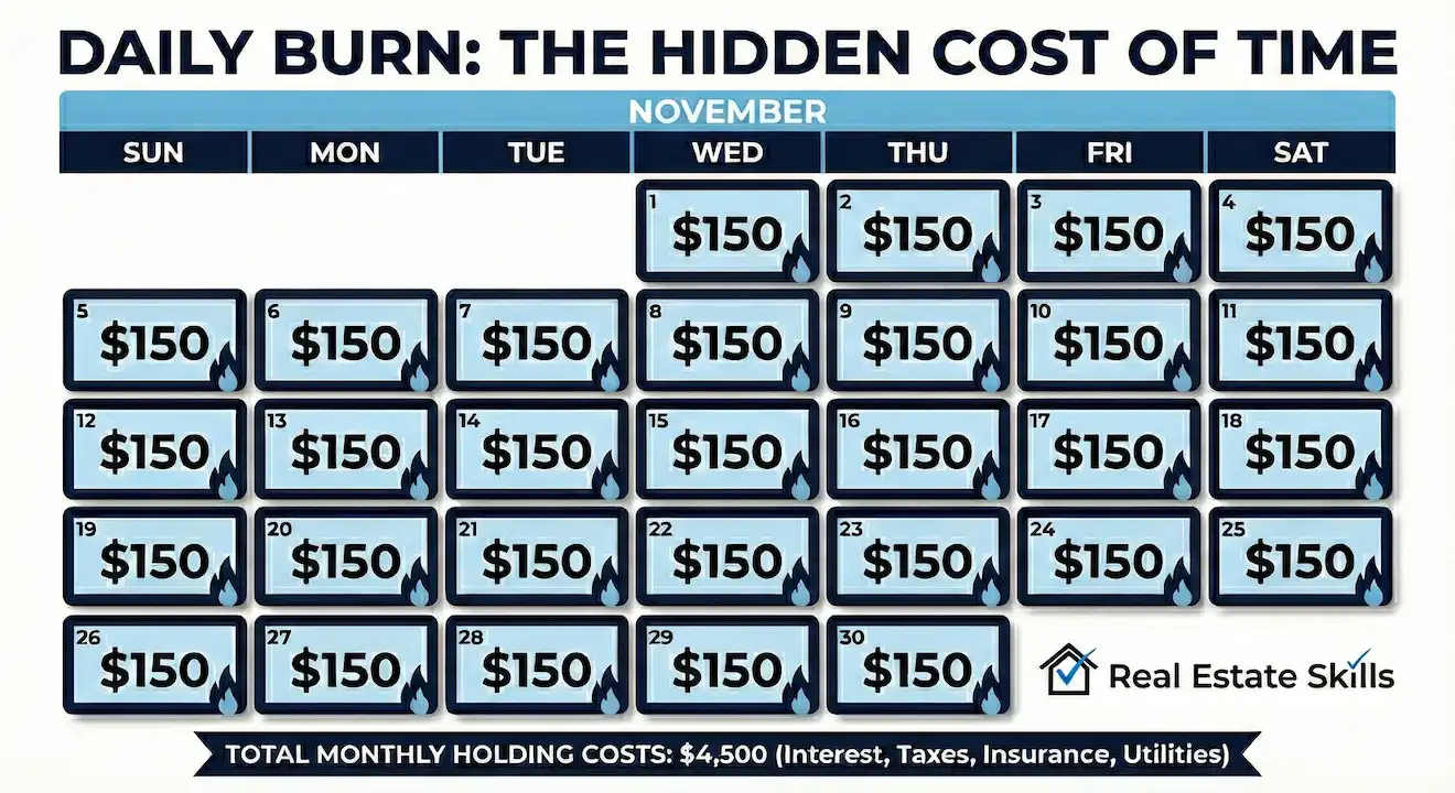 Infographic illustrating the 'Daily Burn' concept in house flipping project management, showing how $150 in daily holding costs accumulates to $4,500 over a single month.