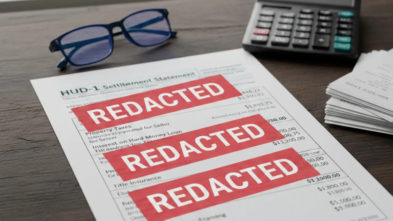 Redacted HUD-1 settlement statement highlighting deductible property tax prorations and mortgage interest for a house flip.