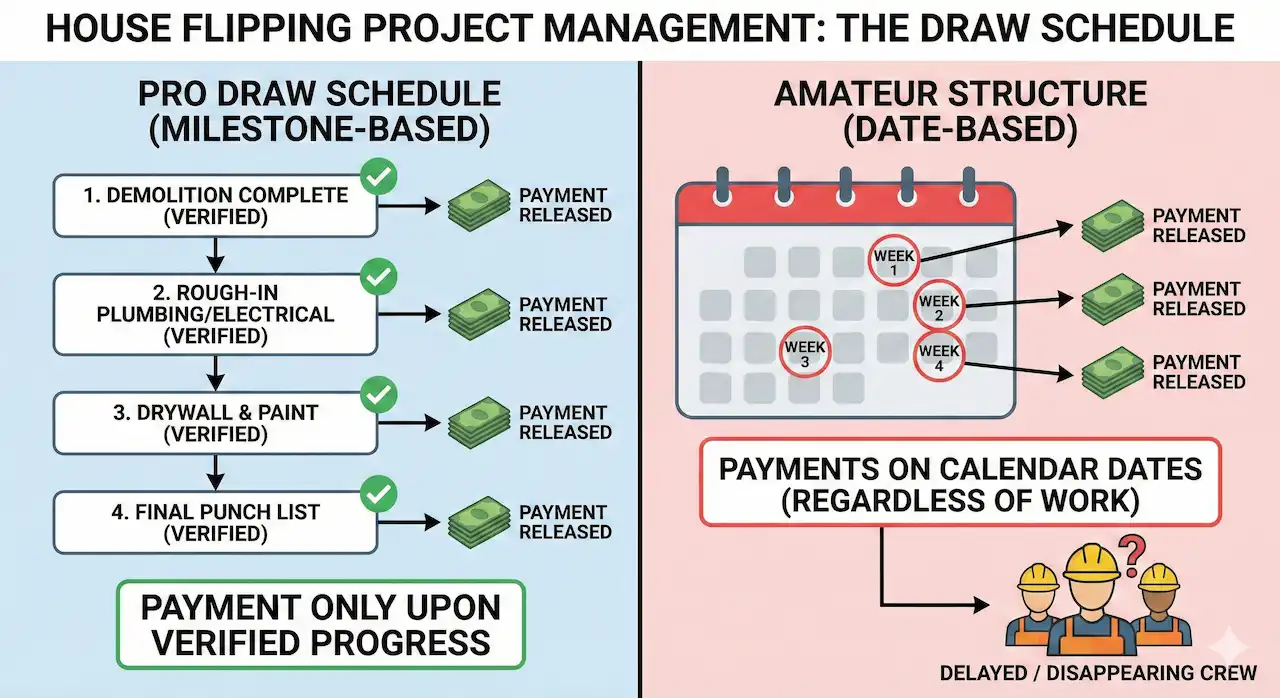 A comparison infographic for house flipping project management showing a 'Pro Draw Schedule' based on verified milestones versus an 'Amateur Structure' based on calendar dates, which often leads to delayed crews.