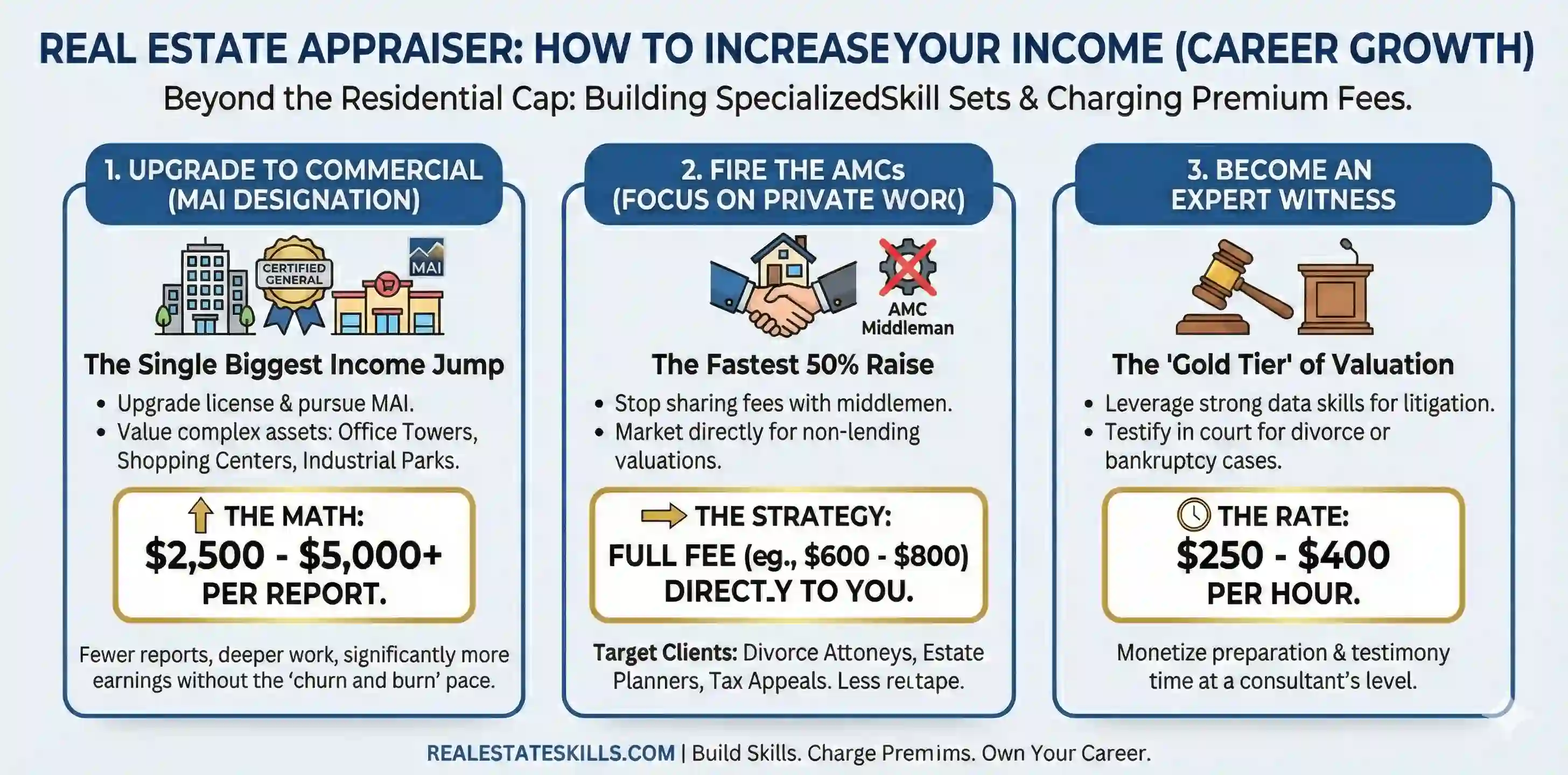 Infographic showing 3 strategies to increase real estate appraiser salary: Commercial MAI, Private Work, and Expert Witness