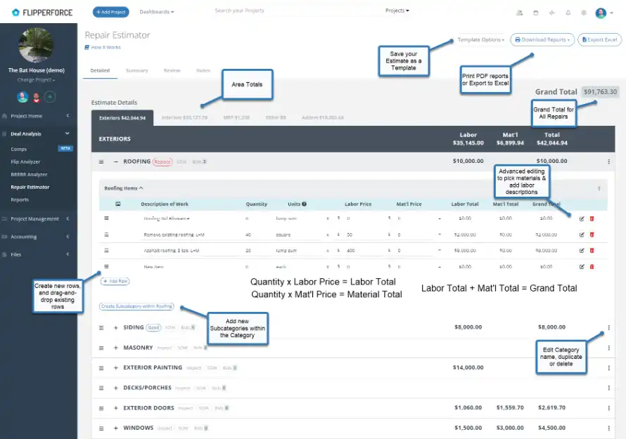 Screenshot of the FlipperForce Repair Estimator tool, showing a detailed breakdown of renovation costs by category like demolition and framing.