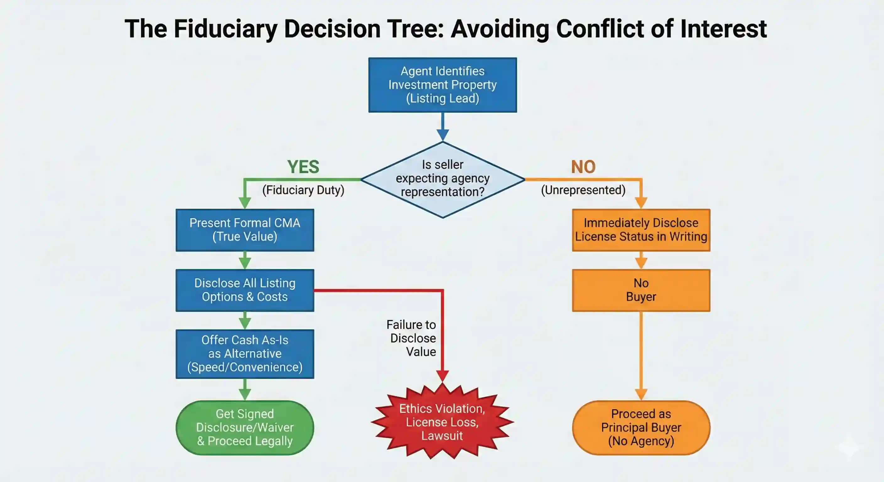 Flowchart showing the Fiduciary Decision Tree for real estate agents to avoid conflict of interest when buying their own listings.