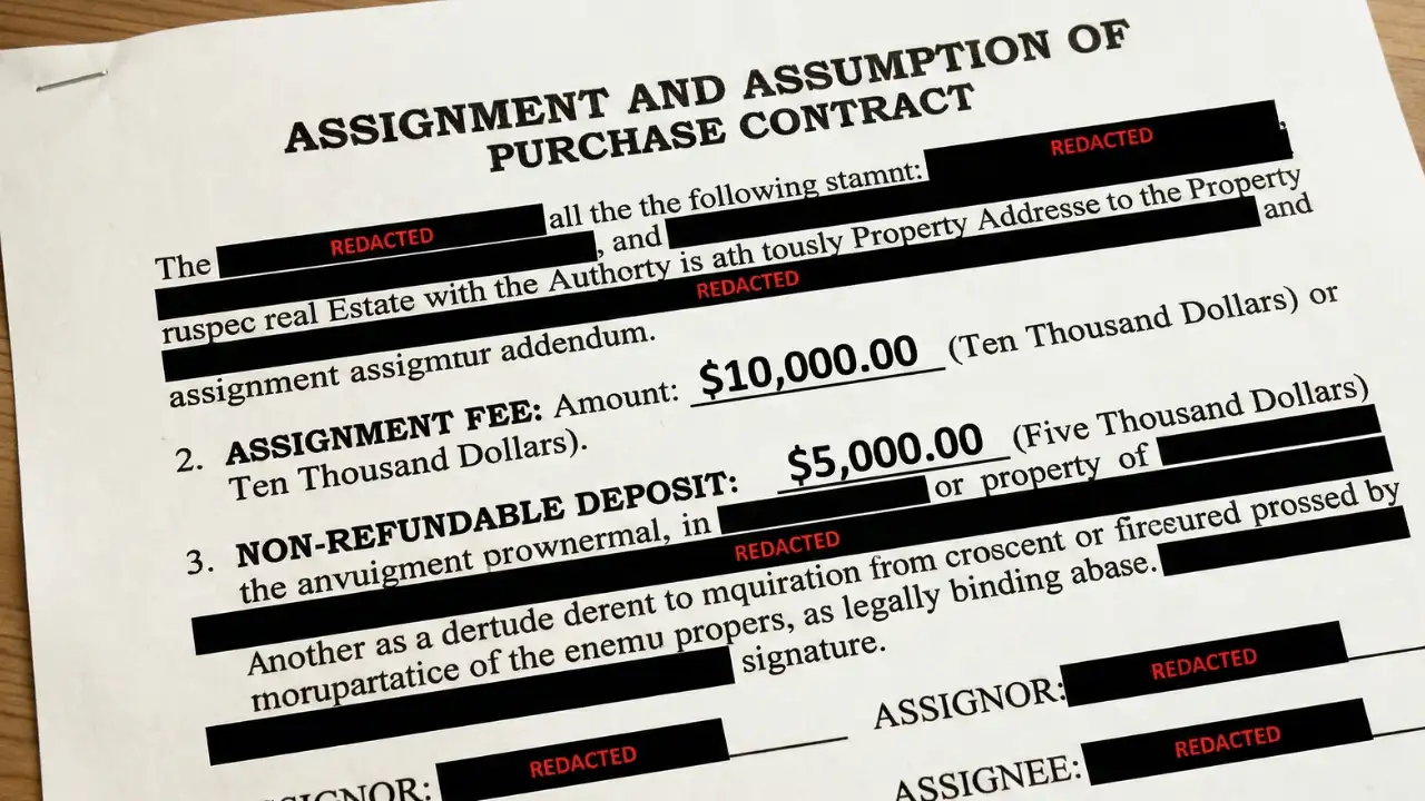 Redacted real estate assignment contract addendum showing a $10,000 assignment fee and a $5,000 non-refundable earnest money deposit.
