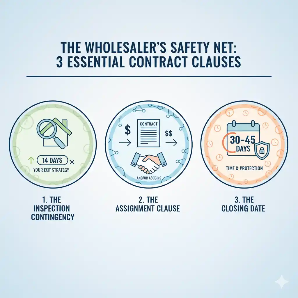 The Wholesaler's Safety Net Infographic Real Estate Skills infographic titled The Wholesaler's Safety Net: 3 Essential Contract Clauses. Illustrates 1. The Inspection Contingency (14 Days Exit Strategy), 2. The Assignment Clause (And/Or Assigns), and 3. The Closing Date (30-45 Days Time & Protection).
