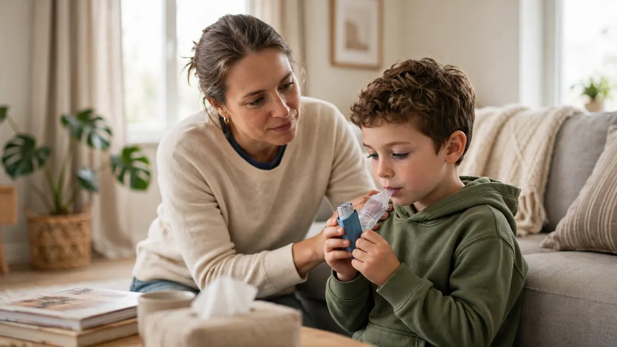 Child using an asthma inhaler at home, a group at higher risk from black mold exposure