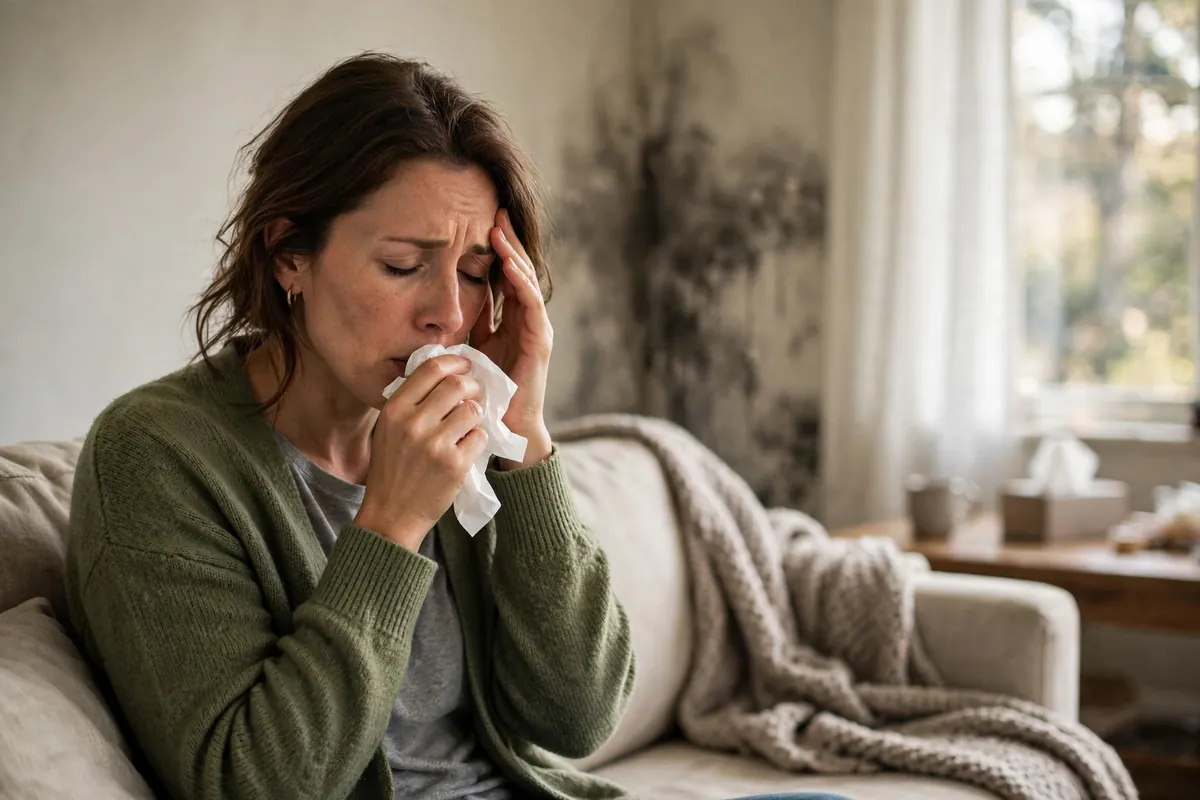 Woman experiencing black mold exposure symptoms, coughing with a headache at home