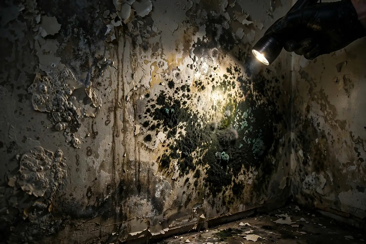 Black mold growth on a water-damaged wall found during a home inspection