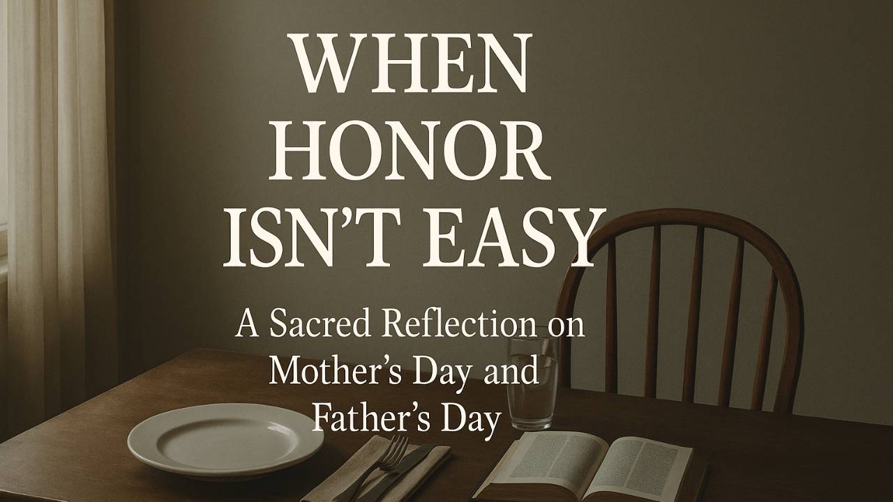 A quiet, sunlit room with a wooden table set for one. An empty plate, a folded napkin with utensils, a glass of water, and an open Bible rest on the table beneath a window with sheer curtains. Text on the image reads: “When Honor Isn’t Easy – A Sacred Reflection on Mother’s Day and Father’s Day.”