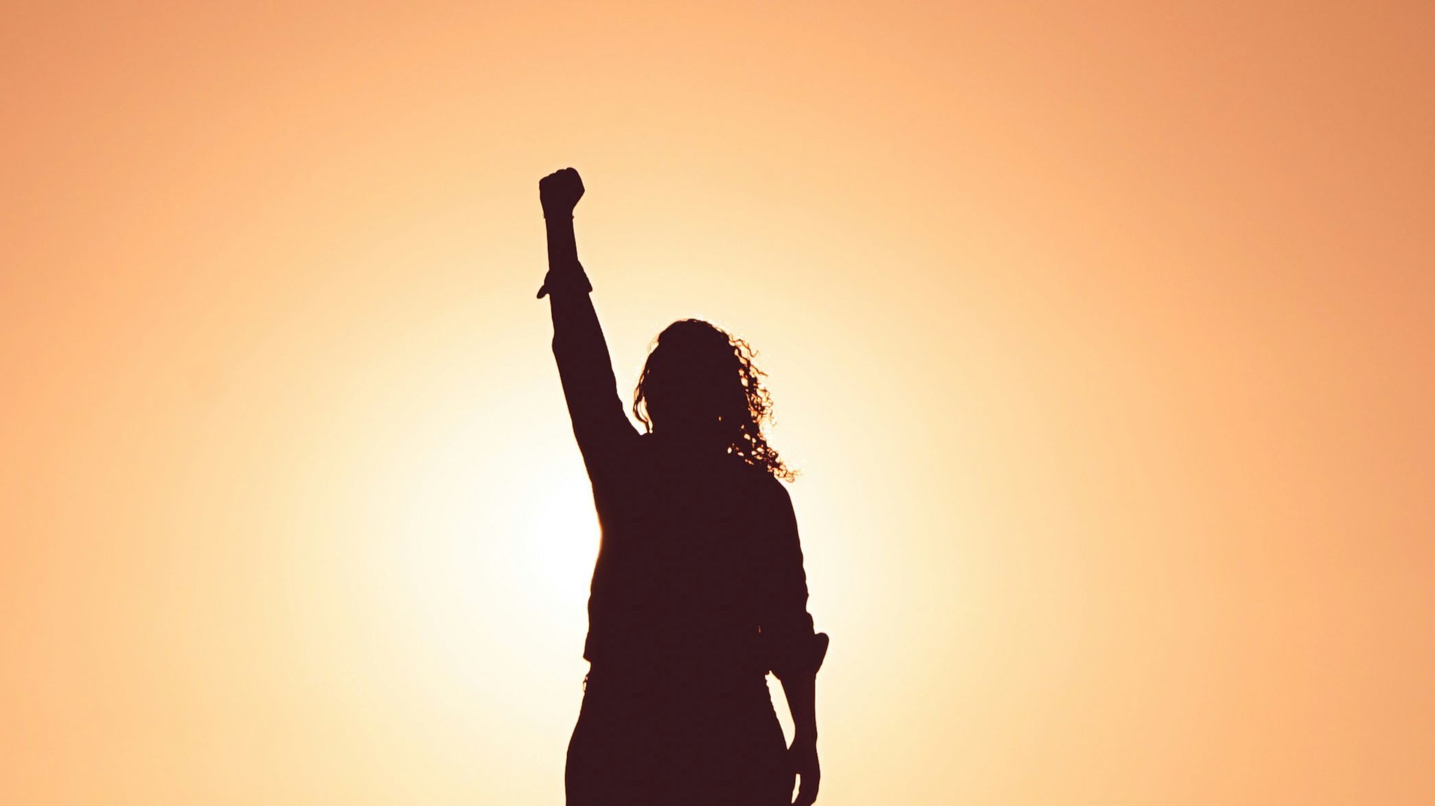 Silhouette of person standing with arm raised with fist in air