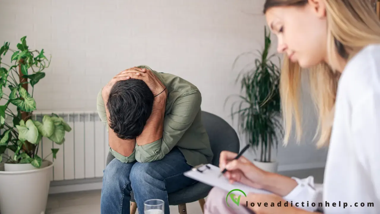 Therapist writing on notepad signs and symptoms of love addict client 