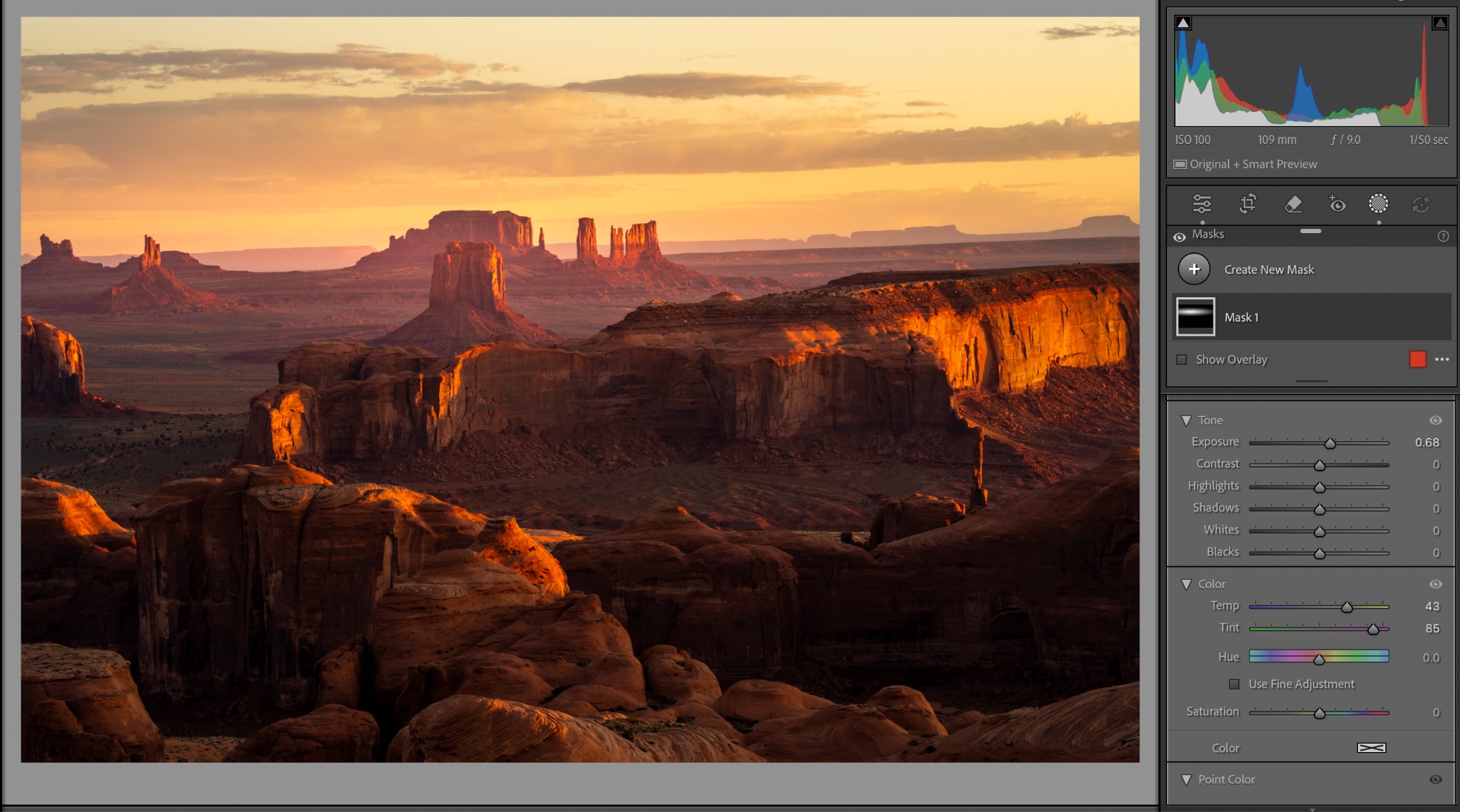 Monument Valley landscape before editing, the flat RAW file