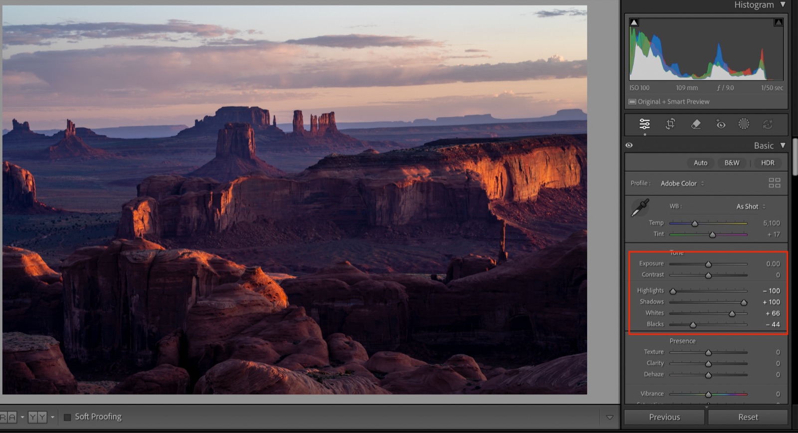 Setting white balance to Shade in Lightroom for a warm sunrise look
