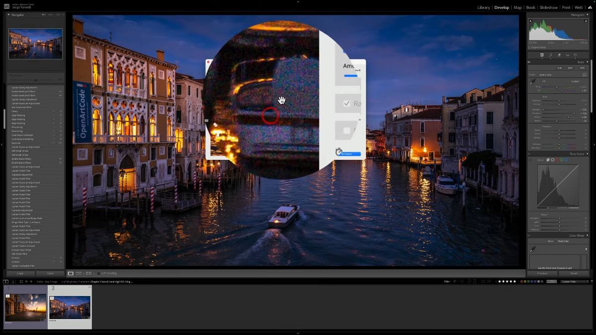 Lightroom AI Denoise in the Enhance dialog with noise preview