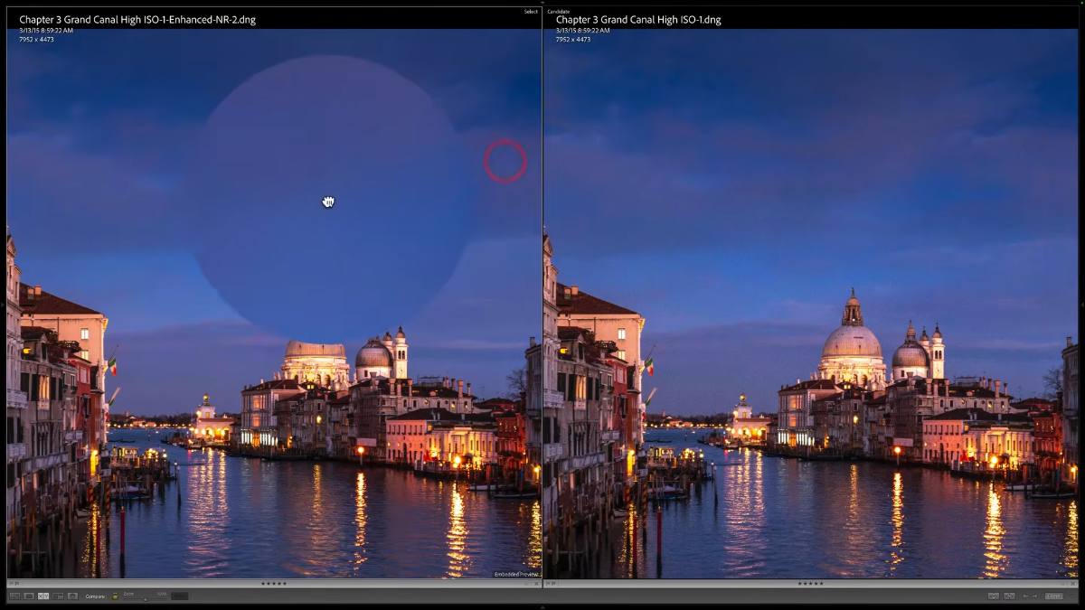 Before and after comparison of Lightroom AI Denoise on a night photo