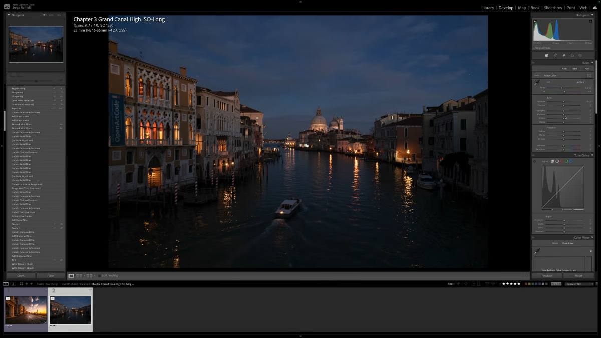 Venice Grand Canal photo shot at 1250 ISO opened in Lightroom Develop module