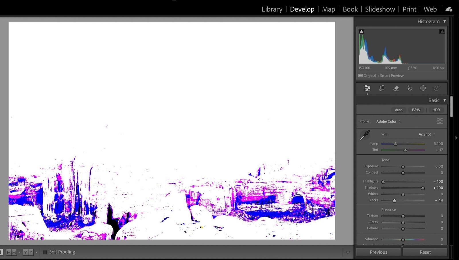 Setting the white point in Lightroom with the Alt/Option key to avoid clipping highlights