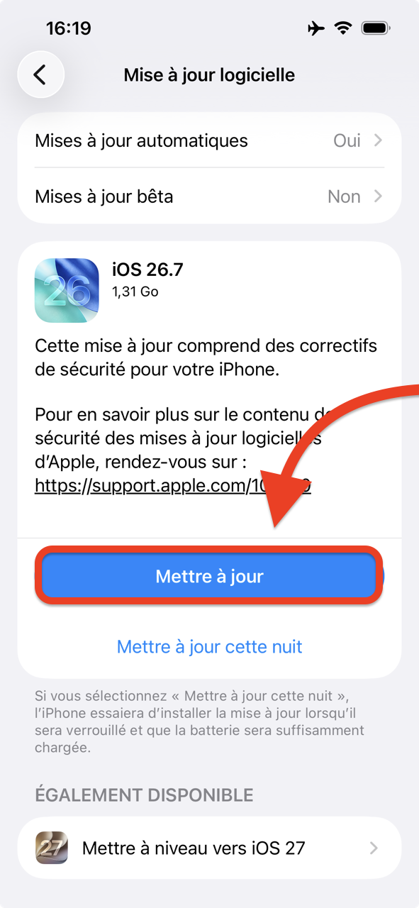 Écran de mise à jour disponible