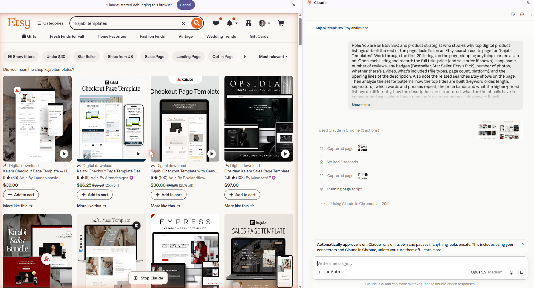 Claude in Chrome working through an Etsy search for kajabi templates