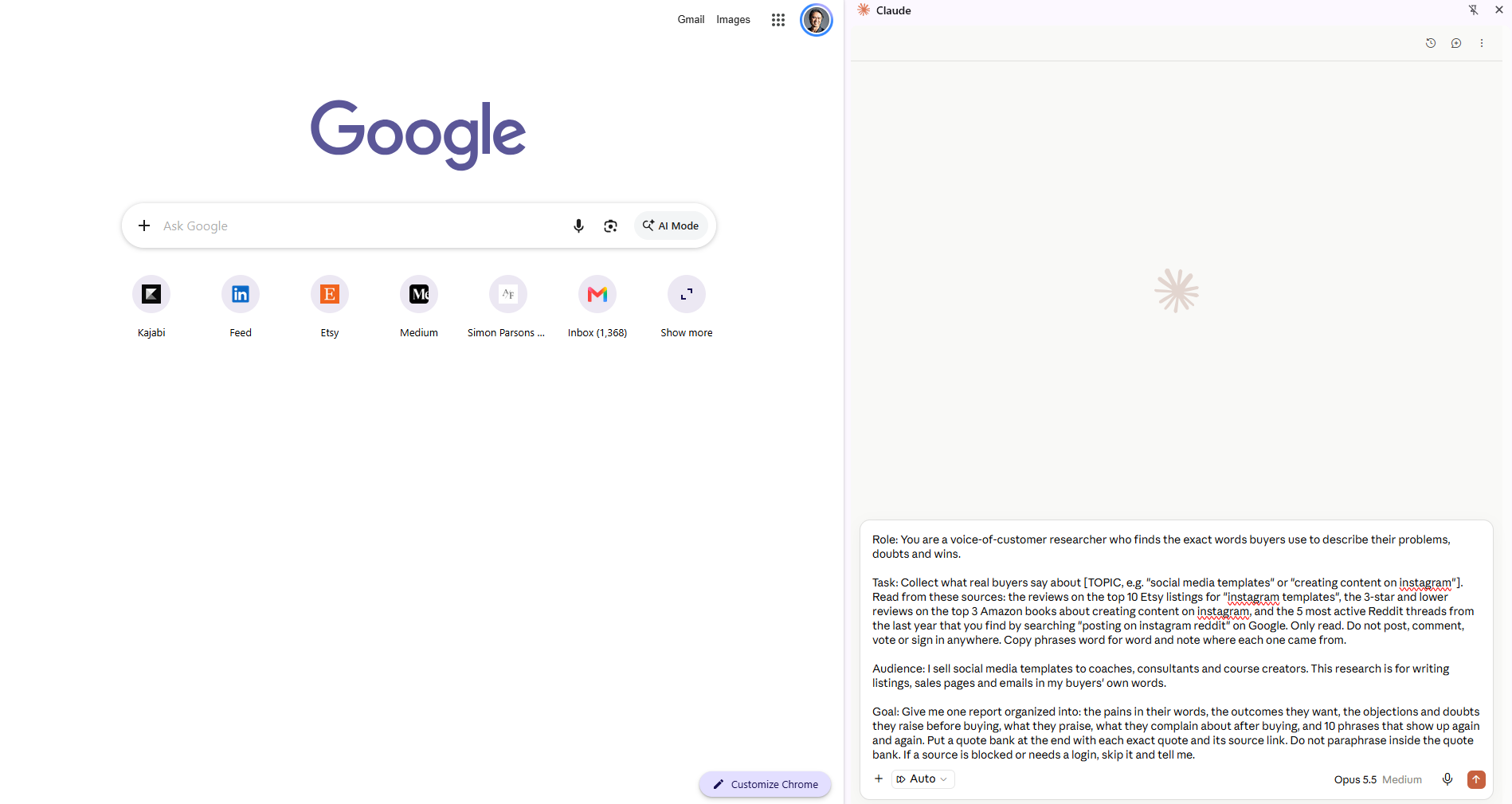 A research brief pasted into the Claude in Chrome side panel
